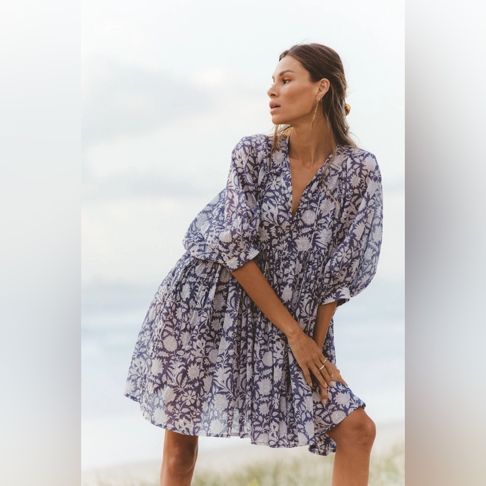 Daughters of India Kyra Mini Dress Cotton Blue Iris Boho Floral Flowy Blue 3XL - Picture 2 of 13